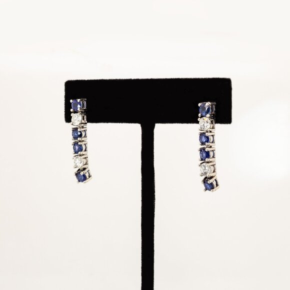 Ceylon Blue Sapphire and Lab Diamond Earrings in Solid 14K White Gold - Picture 4 of 7